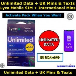 Unlimited Data + Unlimited UK Mins And Texts - Lyca Mobile Sim + International Minutes